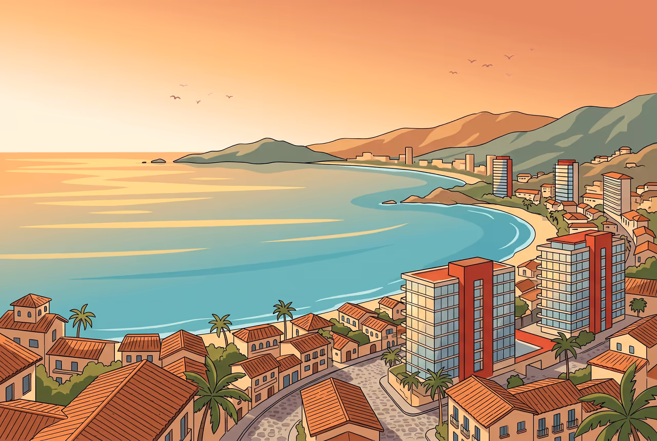 Illustration of the Banderas Bay arc at sunset: terracotta rooftops and condo towers curving along the turquoise bay toward the mountains