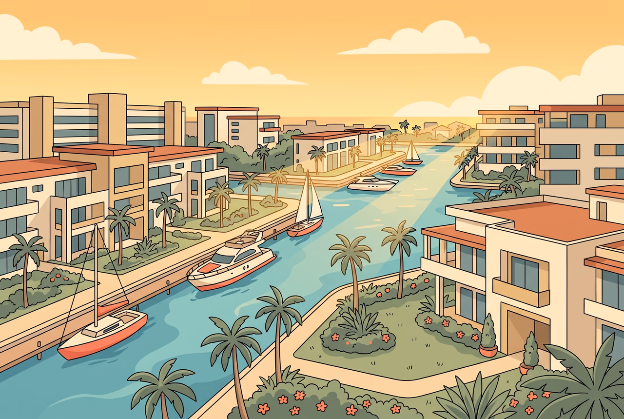 Ilustración de la marina de Nuevo Vallarta y sus canales bordeados de palmeras