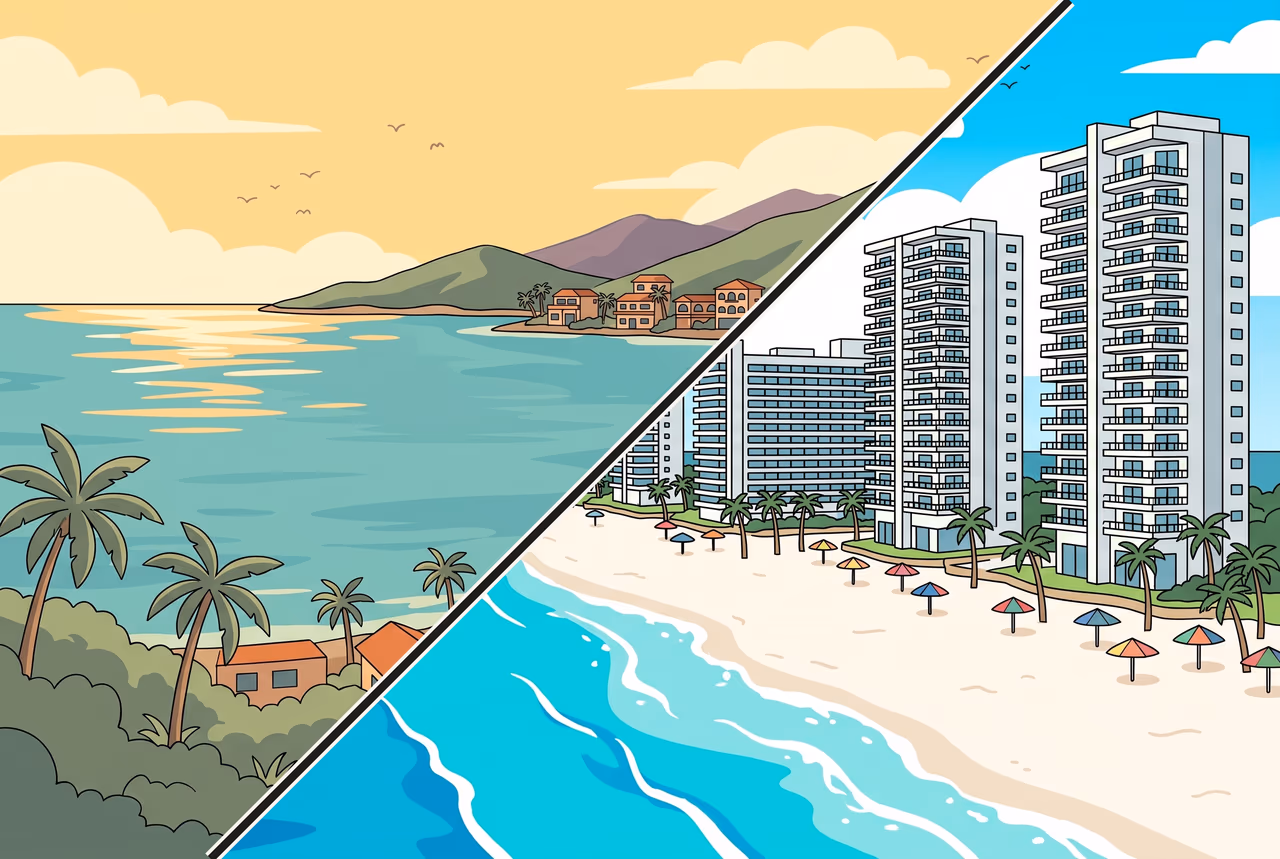 Ilustración que compara Puerto Vallarta y Cancún lado a lado en diagonal