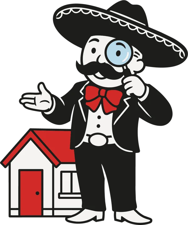 Don Juan, la mascota de Boardwalk Realty, evaluando una casa con una lupa